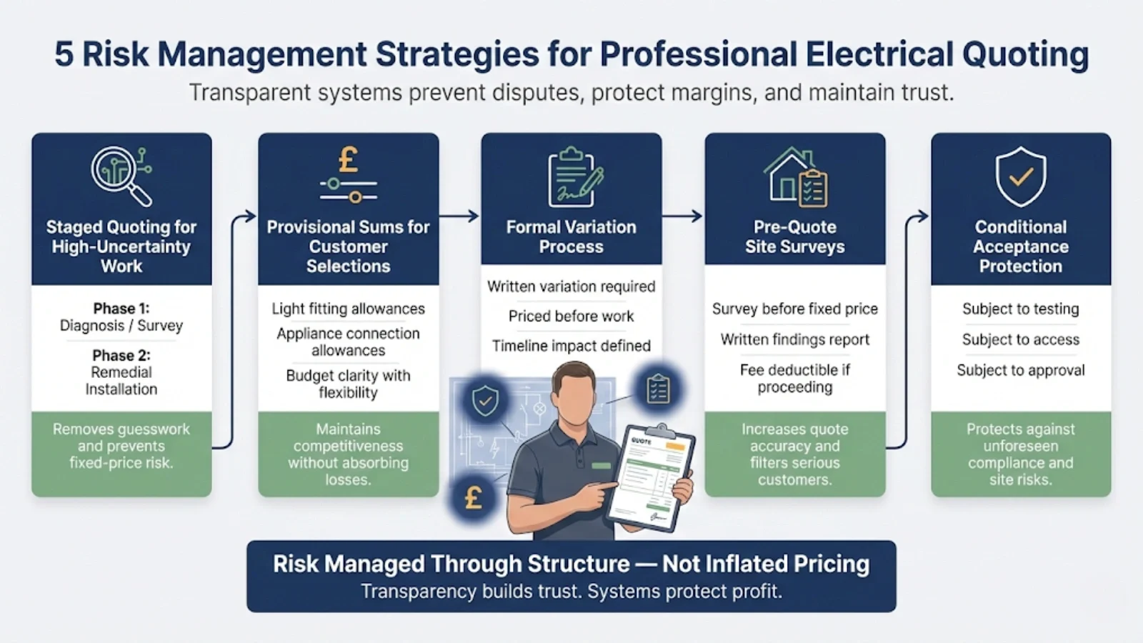 Infographic diagram illustrating five professional electrical quoting risk management strategies including staged quoting, provisional sums, formal variations, paid site surveys