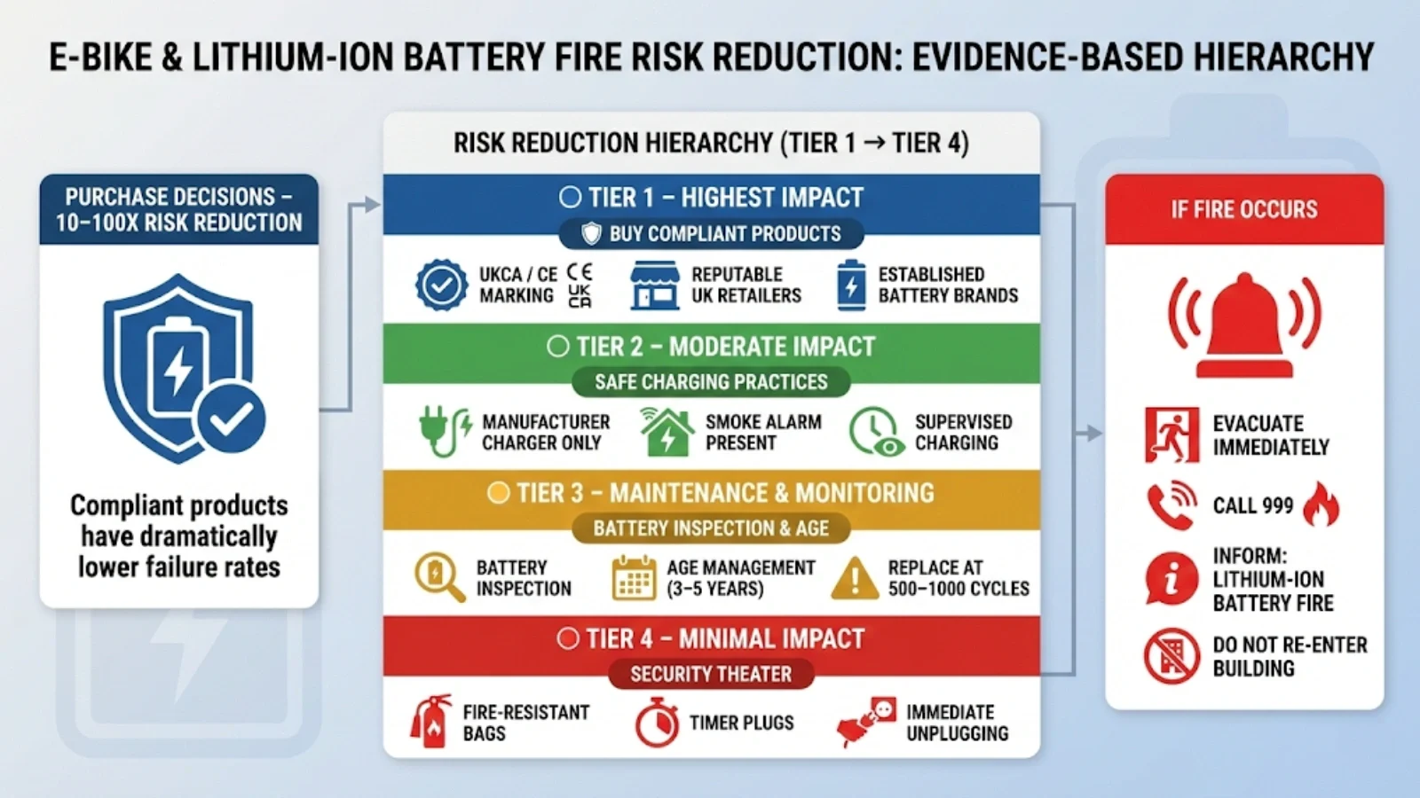 Infographic pyramid showing e-bike fire risk reduction tiers from compliant purchasing to safe charging and maintenance Infographic pyramid showing e-bike fire risk reduction tiers from compliant purchasing to safe charging and maintenance