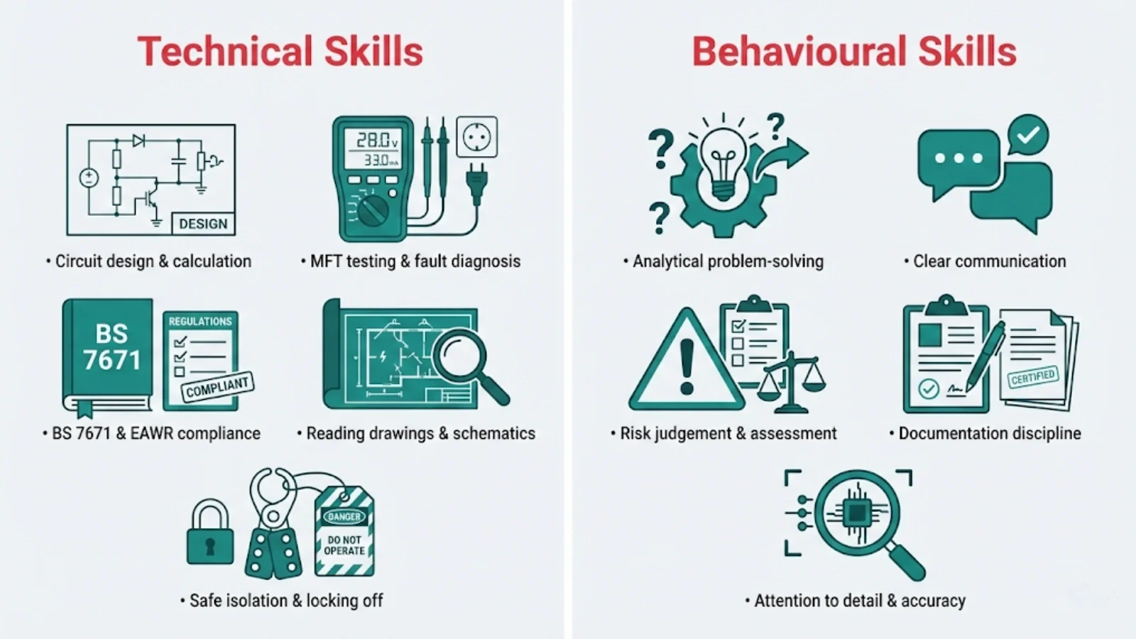 Infographic showing technical and behavioural skills required to work as a qualified electrician in the UK Infographic showing technical and behavioural skills required to work as a qualified electrician in the UK