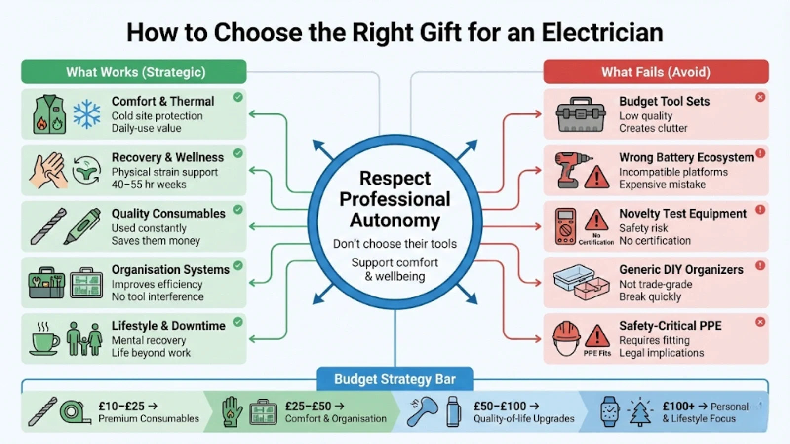 Successful electrician gifts respect professional autonomy and focus on comfort, recovery, and quality of life rather than interfering with established tool systems