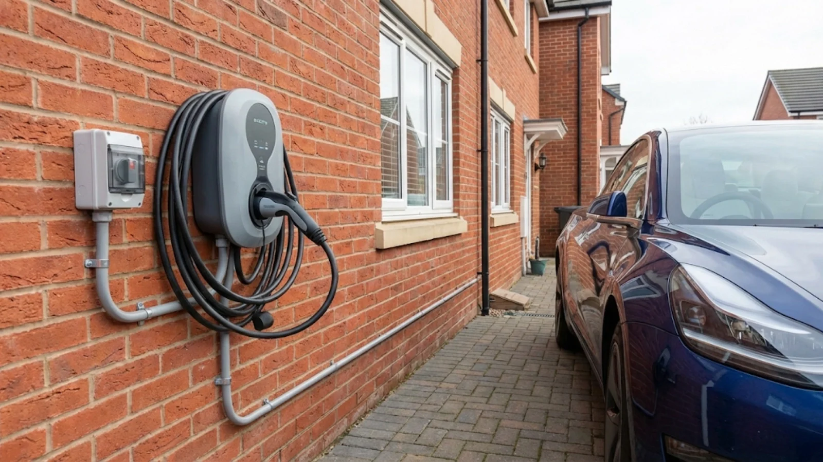 Installed EV charging point demonstrating low-carbon electrical technology