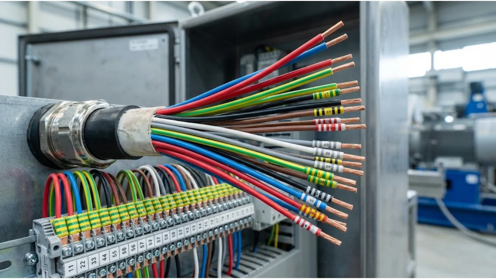 Multi-core industrial electrical cable showing multiple colour-coded conductors requiring accurate identification