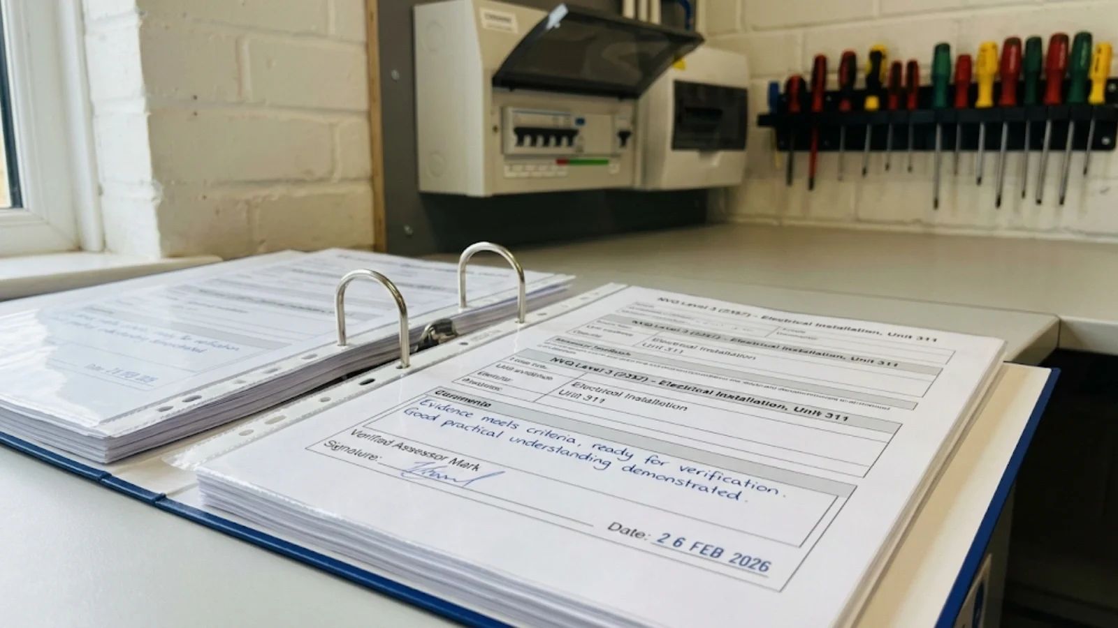 NVQ Level 3 portfolio evidence showing unit completion and assessor sign-off