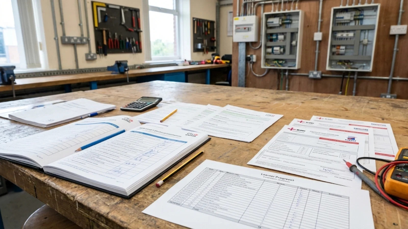 NVQ portfolio documentation spread across a desk in an electrical training bay, showing unit completion records, assessor-signed assessment sheets