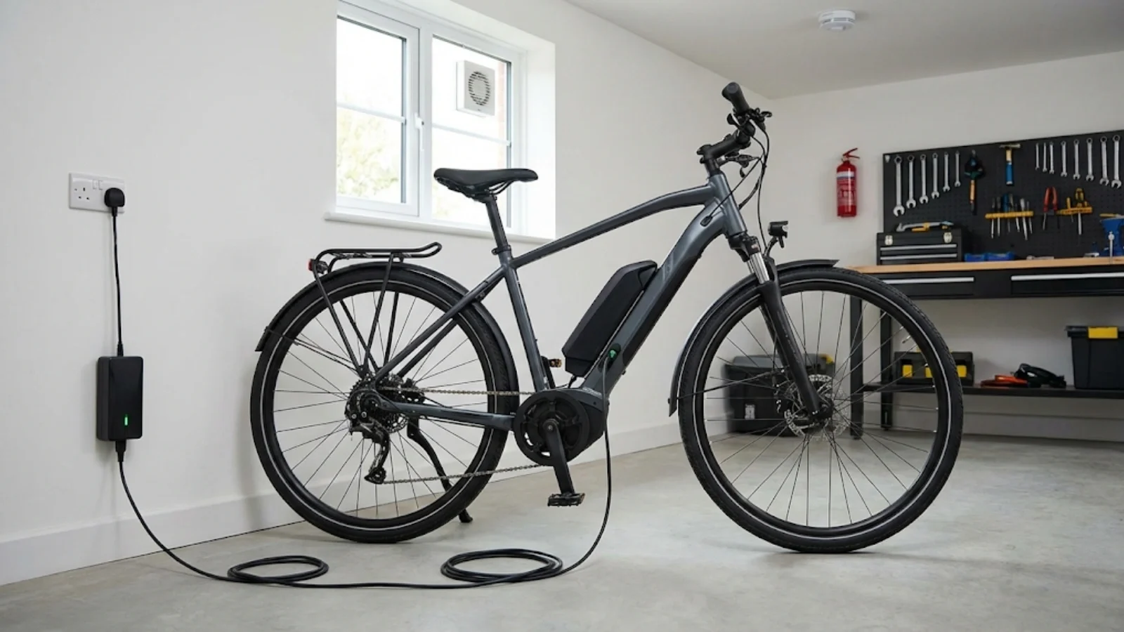 Proper e-bike charging setup showing safe practices with adequate ventilation and fire safety measures Safe charging practices include using manufacturer charger, charging on non-combustible surface in well-ventilated area, with working smoke alarm