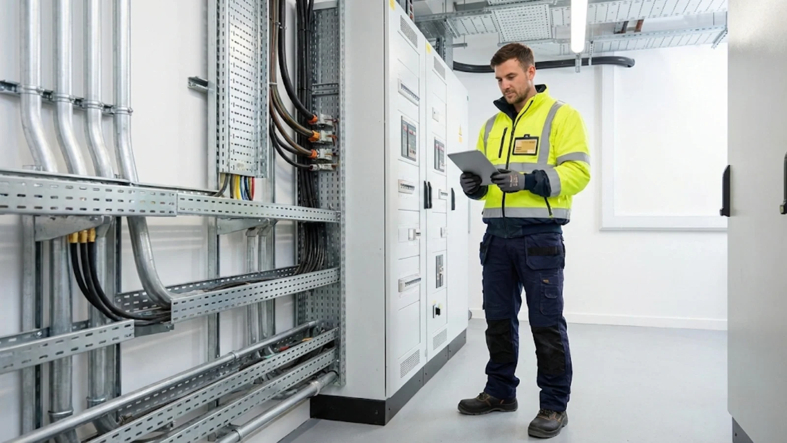 Qualified electrician with ECS Gold Card working on commercial installation