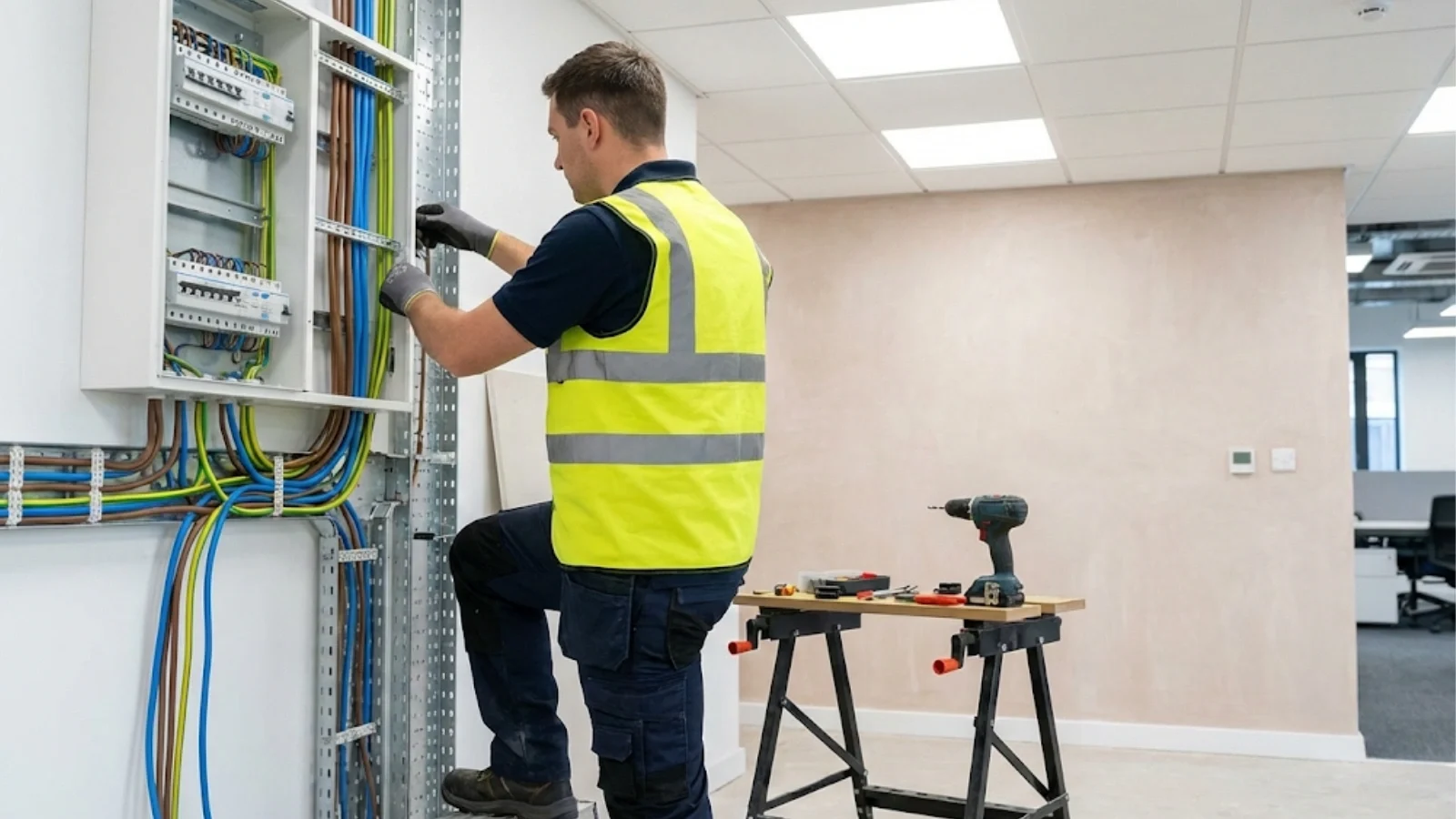 Qualified electrician working on a professional electrical installation Qualified electrician working on a professional electrical installation