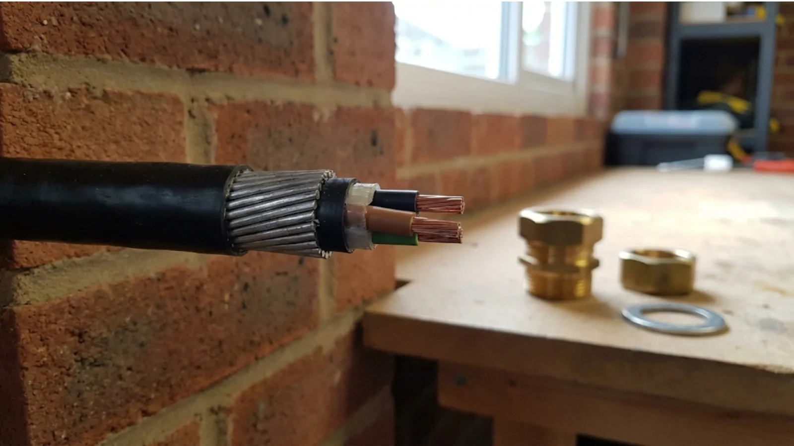 SWA cable end showing outer sheath and armour wires before glanding