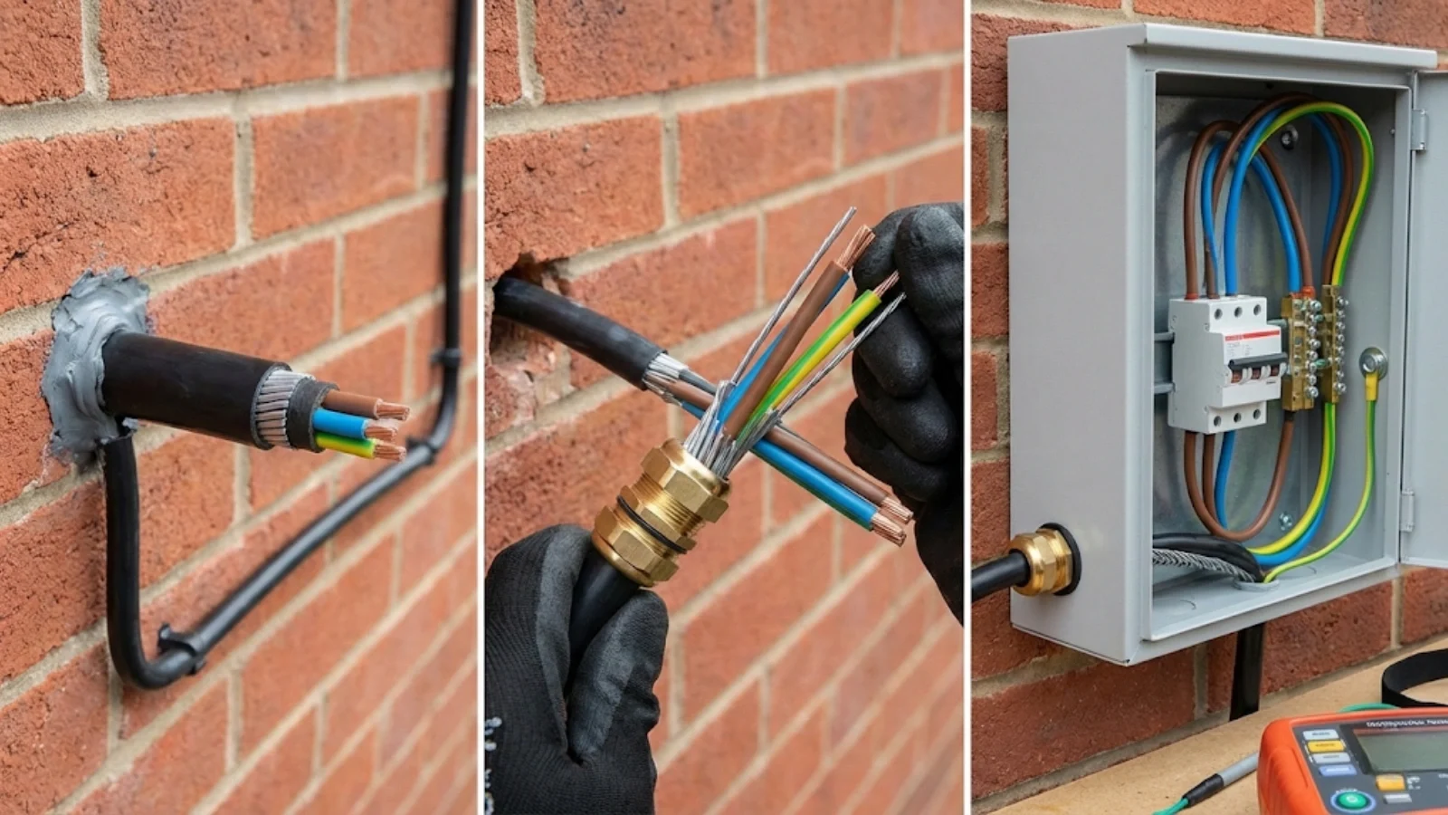 SWA cable glanded and terminated into garage distribution board showing armour bonding and compliant connection