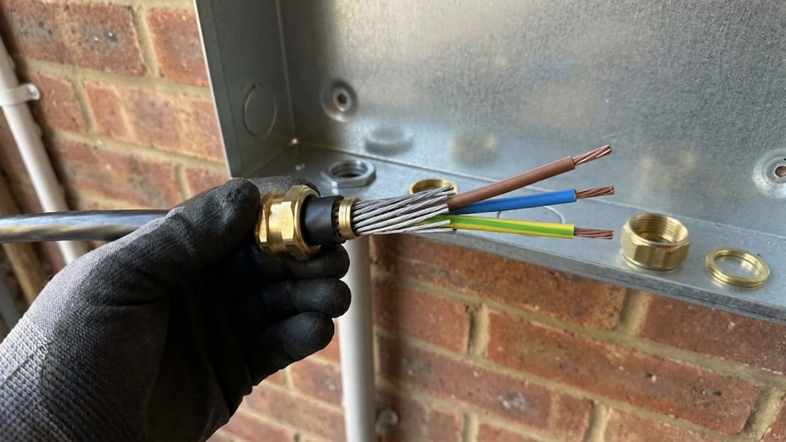 SWA cable glanding in progress showing armour wires fed through gland body