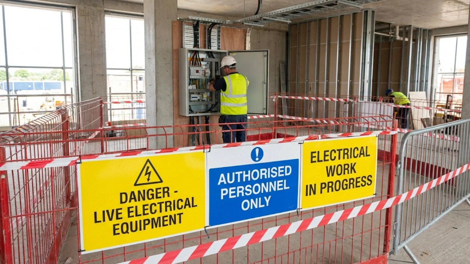 Site safety barriers and warning signage around electrical work area