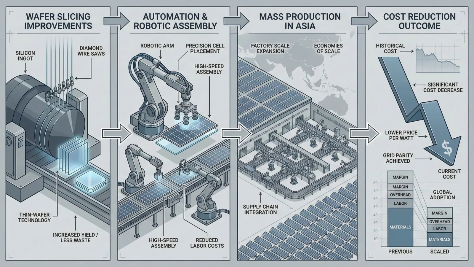 Solar panel manufacturing process showing automation, mass production, and cost reduction.