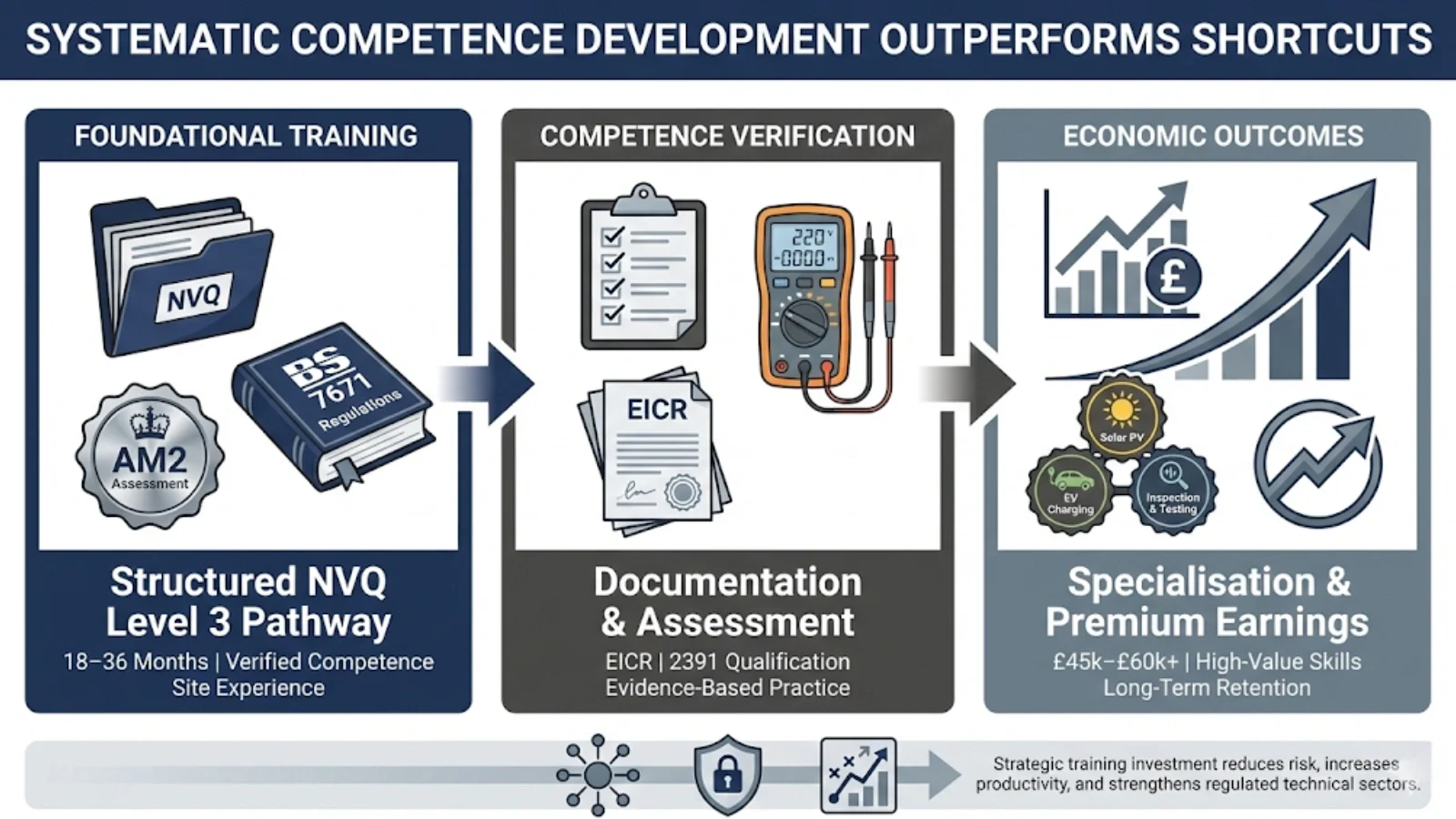 Systematic competence development creates measurable economic return, enabling progression from foundational training to specialist, high-value electrical roles