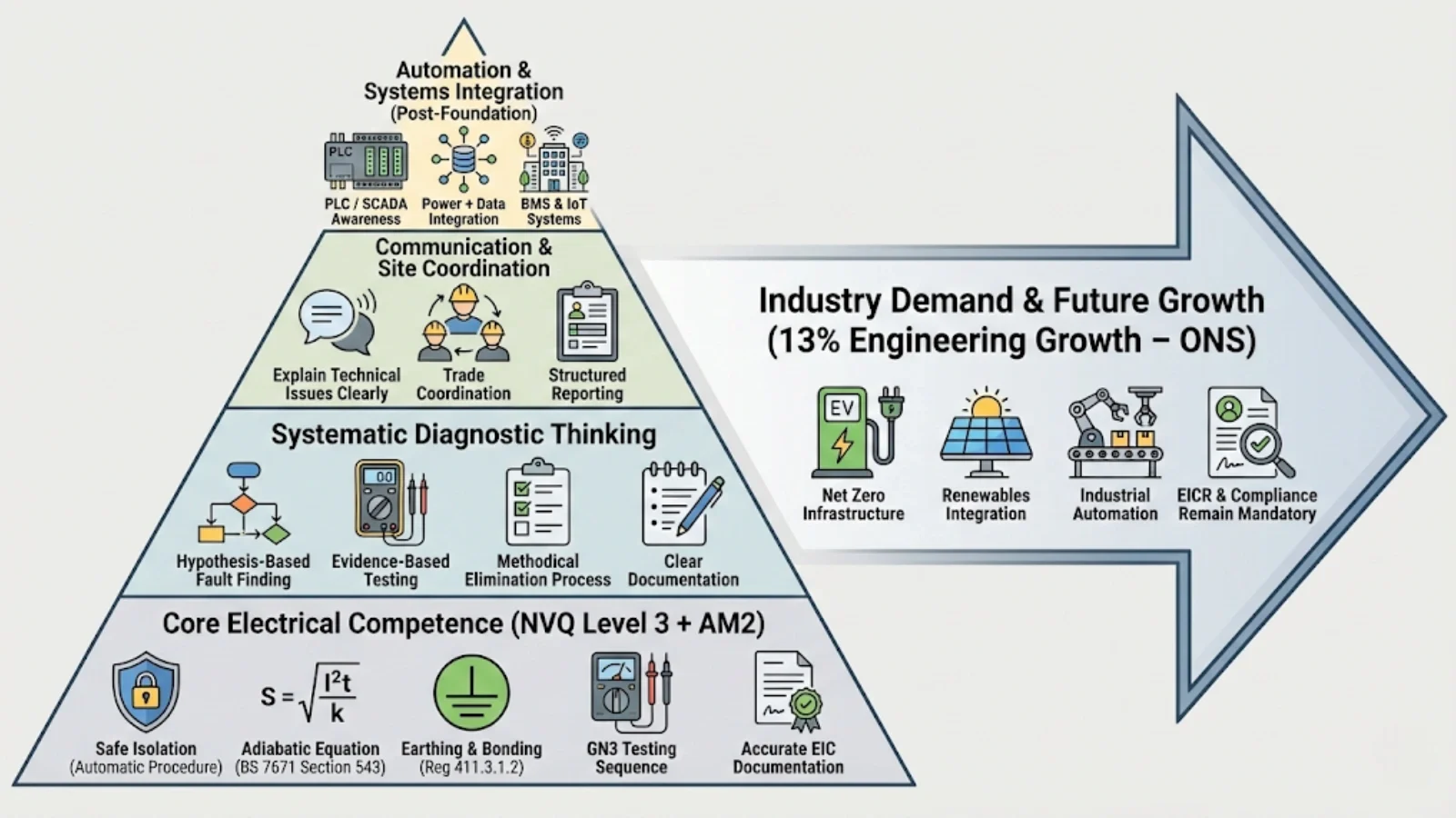 Structured infographic diagram illustrating the electrical career progression pathway from core NVQ Level 3 and AM2 competencies through diagnostic thinking and communication skills to automation