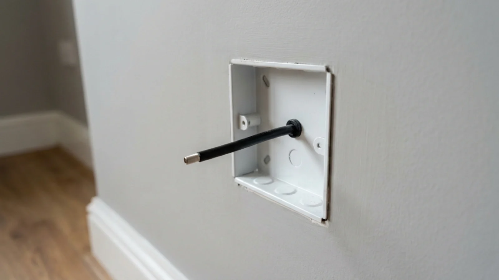 TV point back box with coaxial cable before termination and faceplate installation