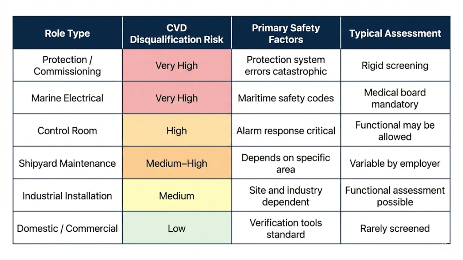 Table showing colour vision deficiency disqualification risk levels across different electrical role types