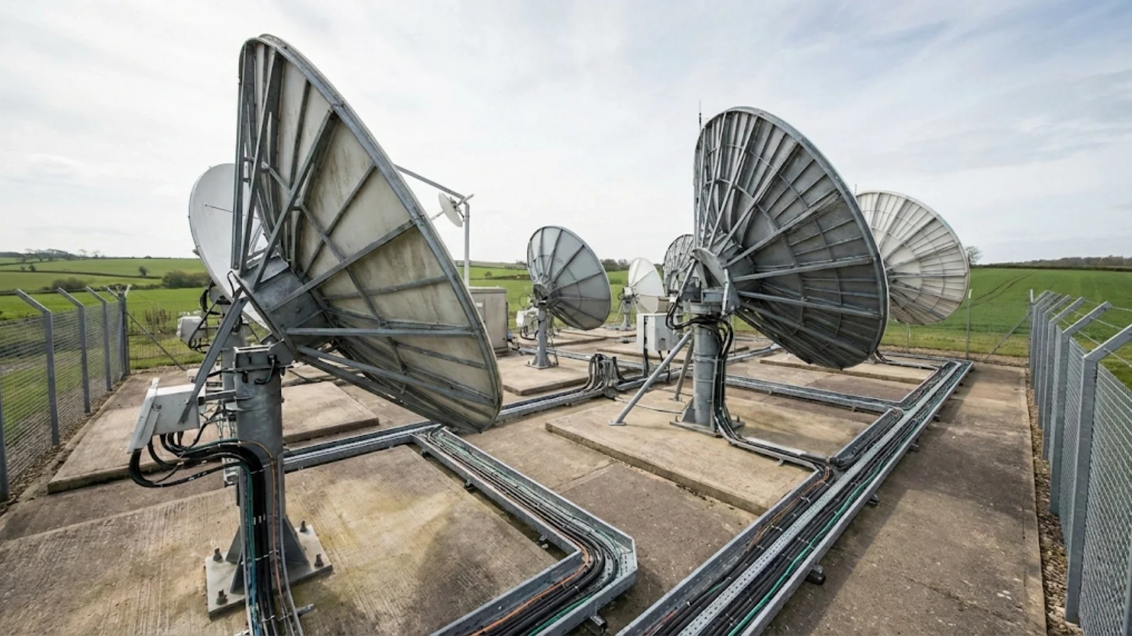 Wide-angle view of a UK satellite gateway station showing multiple parabolic antennas forming the ground segment infrastructure for satellite communications